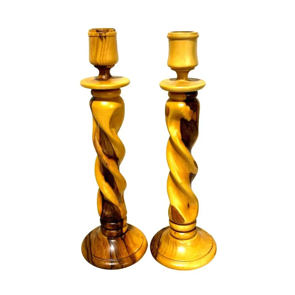 Carved wood candle stick holders barley twist woodgrain PAIR blond & brown